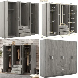Gray Large Bedroom Armoire with 6 Doors