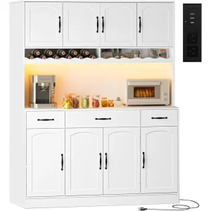 Kitchen Hutch Cabinet with LED Light and Countertop